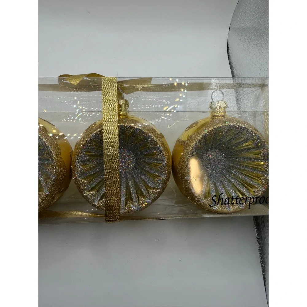 Gold Shatterproof Ornaments Set of 3 Indented‎ Sunburst Glitter Disc 3 Inch